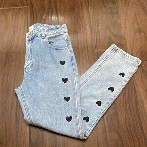 Princess Polly Embroidered Hearts Blue Straight Leg Jeans